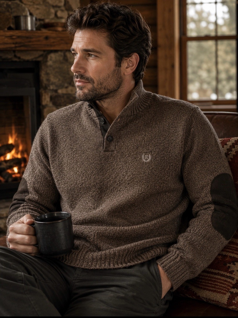 MEN’S CHAPS HEATHERED BROWN 1/4 BUTTON FISHERMAN SWEATER ELBOW PATCHES LARGE